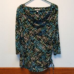 🌸 JM Collection Blue Black Graphic Ruched Blouse